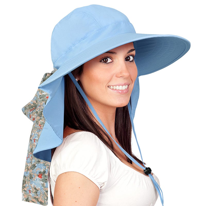 Solaris UPF 50+ Women's Wide Brim Sun Hat â€“ Lightweight Foldable with Detachable Scarf & Neck Cover, UV Protection for Hiking, Beach, Gardening Blue - Image 1